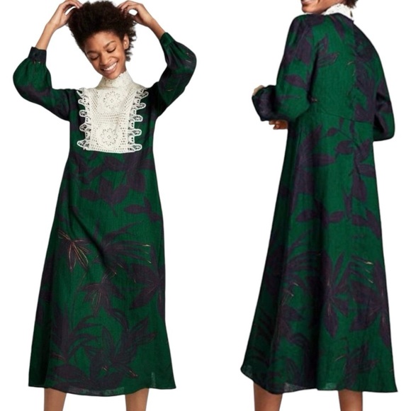 Zara Dresses & Skirts - ZARA | Long Sleeves Leaf Print Crochet Linen Dress